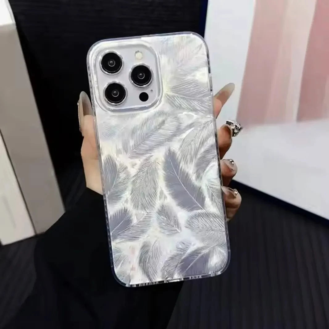 ktusu Generic Cases & Covers Aesthetic Laser Printing Luxury Hard Case for iPhone 16 Pro Silver Feather