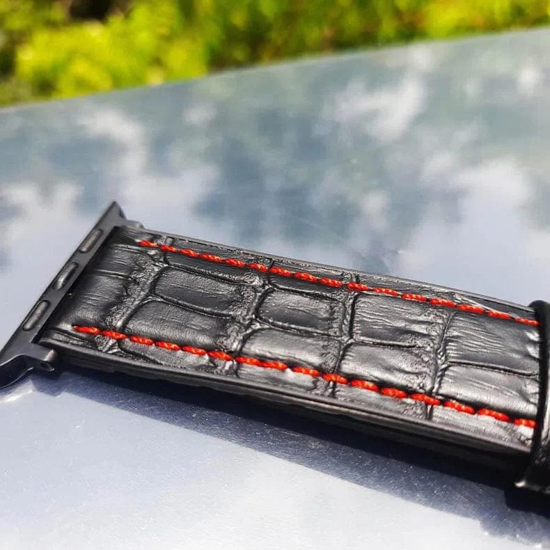 ktusu Generic Watch Bands Crocodile Leather Texture Red Thread Silicone Band for Apple Watch 42 | 44 | 45 | Ultra 49 | 46mm S10 Black