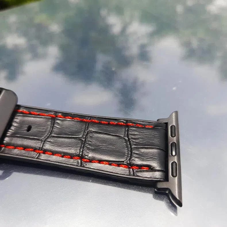 ktusu Generic Watch Bands Crocodile Leather Texture Red Thread Silicone Band for Apple Watch 42 | 44 | 45 | Ultra 49 | 46mm S10 Black