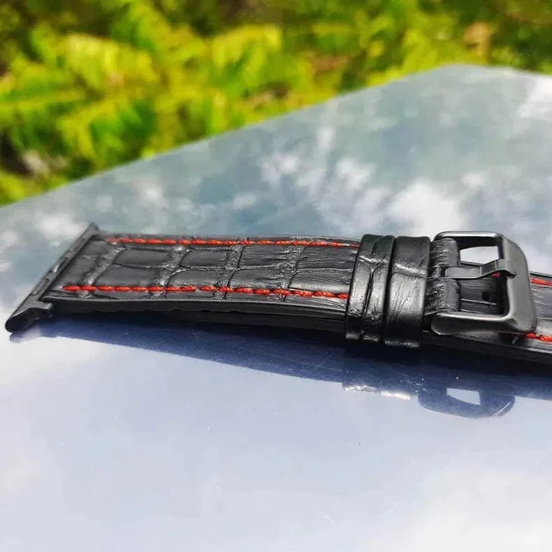 ktusu Generic Watch Bands Crocodile Leather Texture Red Thread Silicone Band for Apple Watch 42 | 44 | 45 | Ultra 49 | 46mm S10 Black