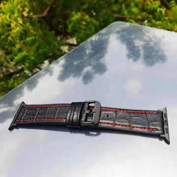 ktusu Generic Watch Bands Crocodile Leather Texture Red Thread Silicone Band for Apple Watch 42 | 44 | 45 | Ultra 49 | 46mm S10 Black