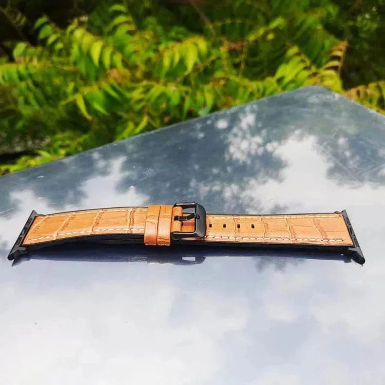 ktusu Generic Watch Bands Crocodile Leather Texture White Thread Silicone Band for Apple Watch 42 | 44 | 45 | Ultra 49 | 46mm S10 Brown