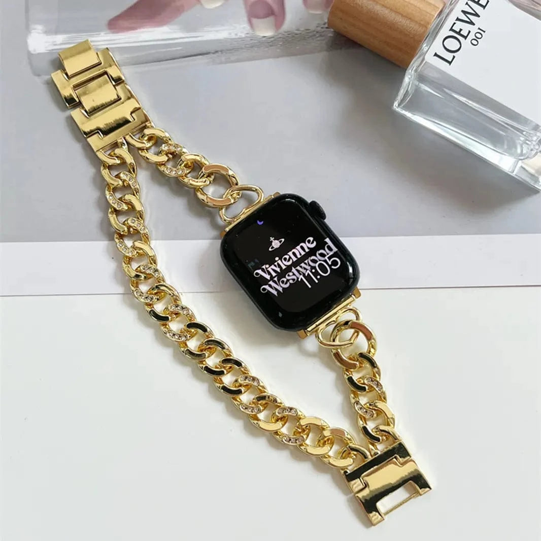 ktusu Generic Watch Bands Double Row Denim Chain Bracelet for Apple Watch 42 | 44 | 45 | Ultra 49 | 46mm S10 Gold