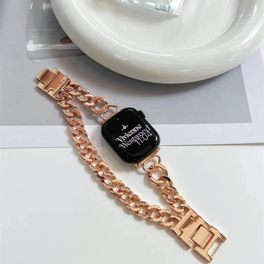 ktusu Generic Watch Bands Double Row Denim Chain Bracelet for Apple Watch 42 | 44 | 45 | Ultra 49 | 46mm S10 Rose gold