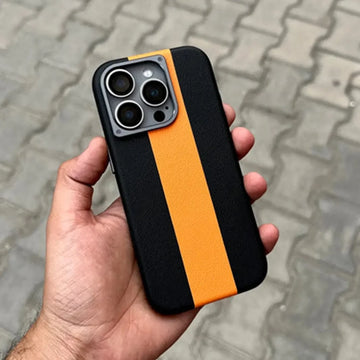 ktusu iShock Cases & Covers Dual Shade Leather Metal Button Magsafe Case for iPhone 16 Pro Max Black Orange