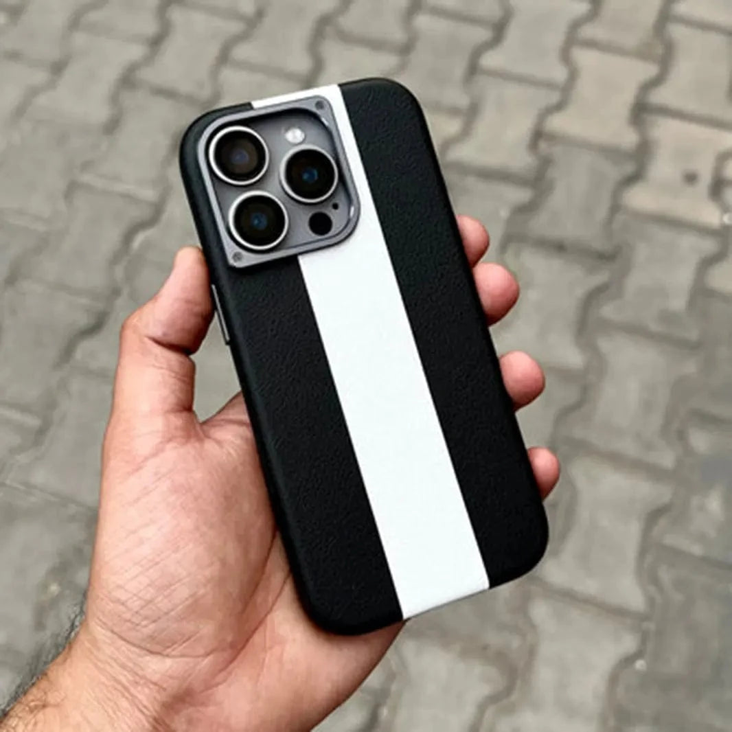 ktusu iShock Cases & Covers Dual Shade Leather Metal Button Magsafe Case for iPhone 16 Pro Max Black White