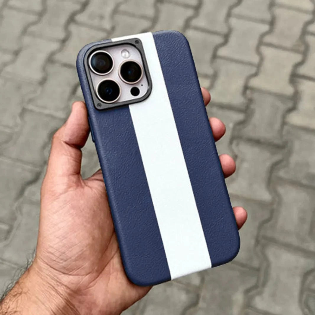 ktusu iShock Cases & Covers Dual Shade Leather Metal Button Magsafe Case for iPhone 16 Pro Max Blue White