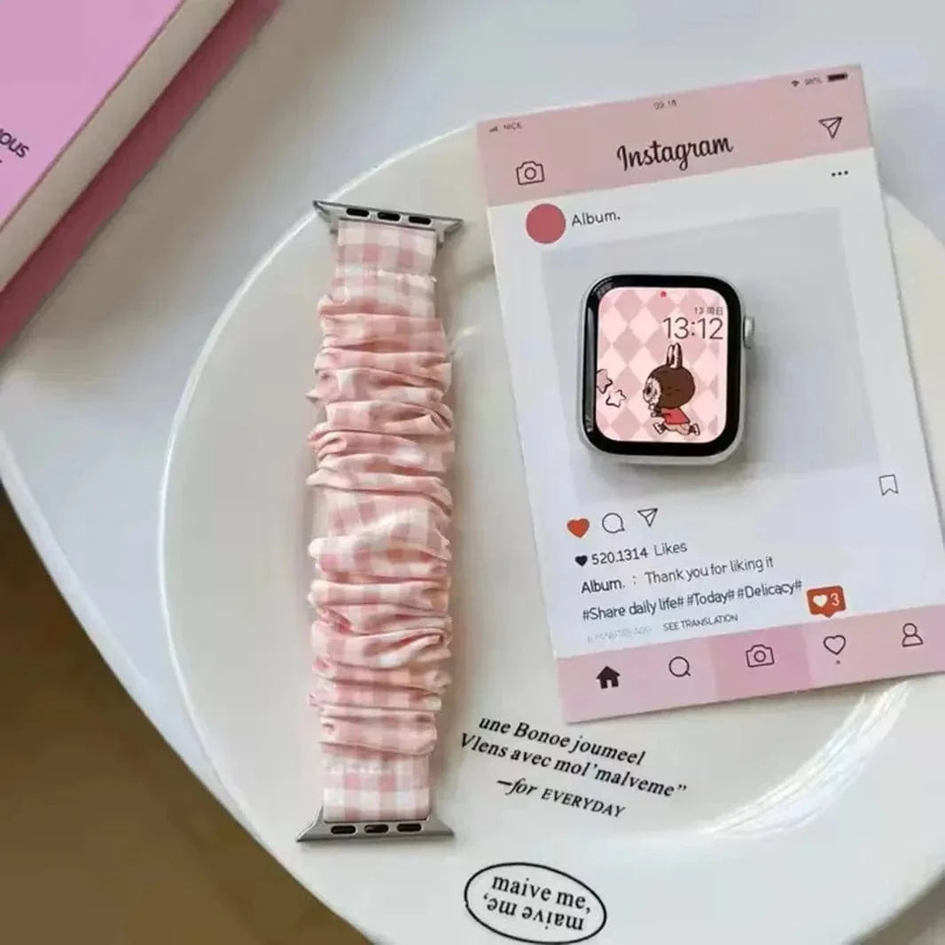 ktusu Generic Watch Bands Fluffy Fabric Elastic Band for Apple Watch 38 | 40 | 41 | 42mm S10 Pink White