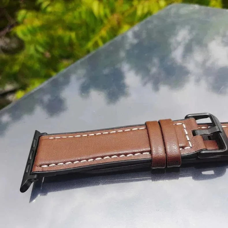 ktusu Generic Watch Bands Leather Texture White Thread Silicone Band for Apple Watch 42 | 44 | 45 | Ultra 49 | 46mm S10 Brown