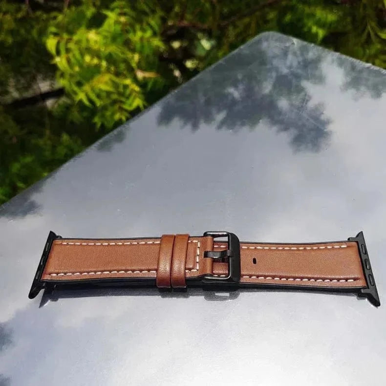 ktusu Generic Watch Bands Leather Texture White Thread Silicone Band for Apple Watch 42 | 44 | 45 | Ultra 49 | 46mm S10 Brown