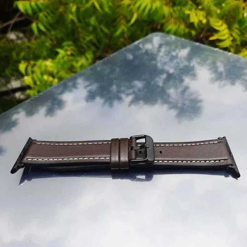 ktusu Generic Watch Bands Leather Texture White Thread Silicone Band for Apple Watch 42 | 44 | 45 | Ultra 49 | 46mm S10 Tan Brown