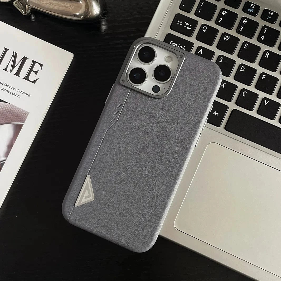 ktusu iShock Cases & Covers Shield Leather Texture Metal Button Magsafe Case for iPhone 16 Pro Max Dark Grey