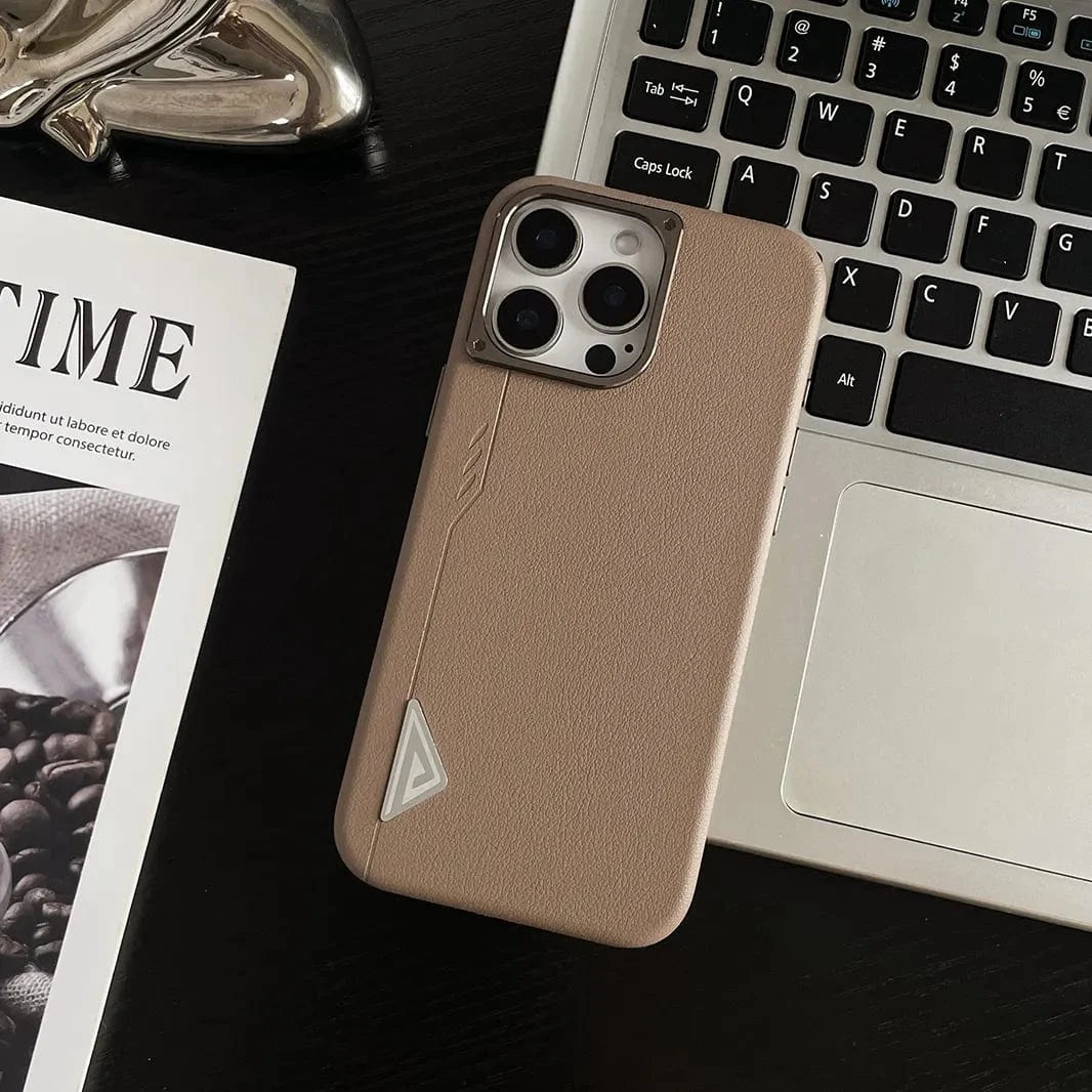 ktusu iShock Cases & Covers Shield Leather Texture Metal Button Magsafe Case for iPhone 16 Pro Max Saddle Brown