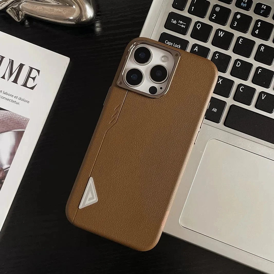 ktusu iShock Cases & Covers Shield Leather Texture Metal Button Magsafe Case for iPhone 16 Pro Max Tan Brown