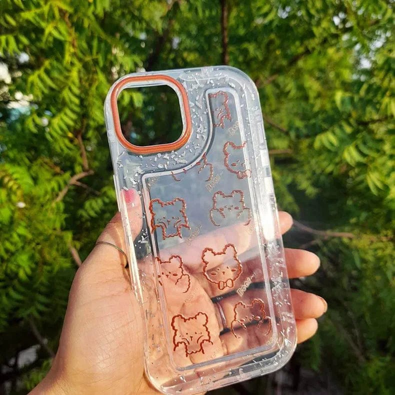 ktusu Generic Cases & Covers Teddy Bear Print Silver Glitter Foil Clear Soft Case for iPhone 13 Pro Brown Teddy