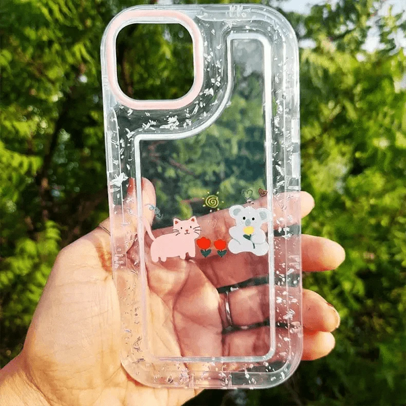 ktusu Generic Cases & Covers Teddy Bear Print Silver Glitter Foil Clear Soft Case for iPhone 14 Pro Max
