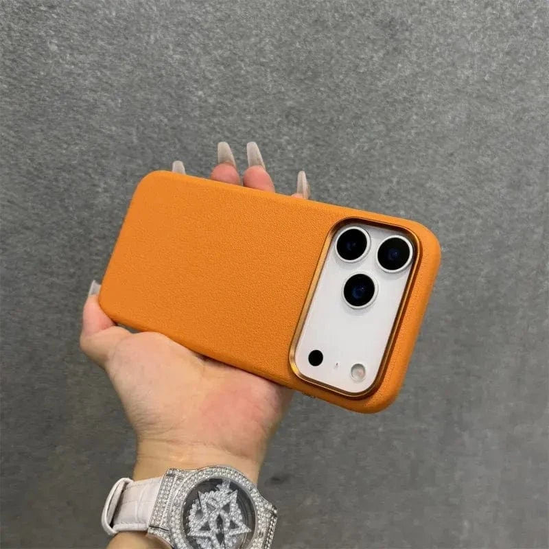 ktusu iShock Cases & Covers Vegan Leather Metal Button Case for iPhone 17 Pro Max Cosmic Orange