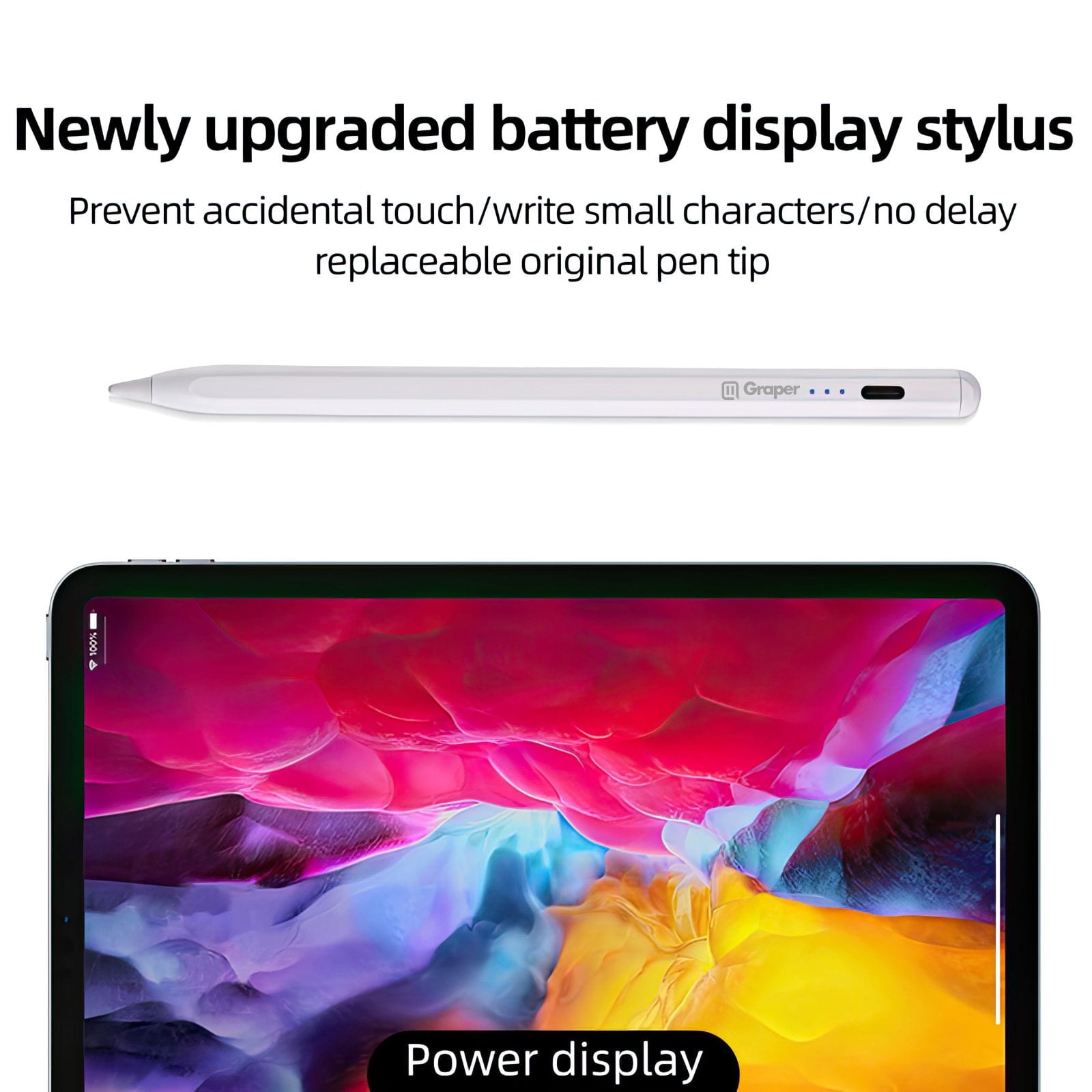 ktusu Graper Smartpen Active Stylus Pen for iPad After 2018, Aluminium Metal Body, with Extra Nib White