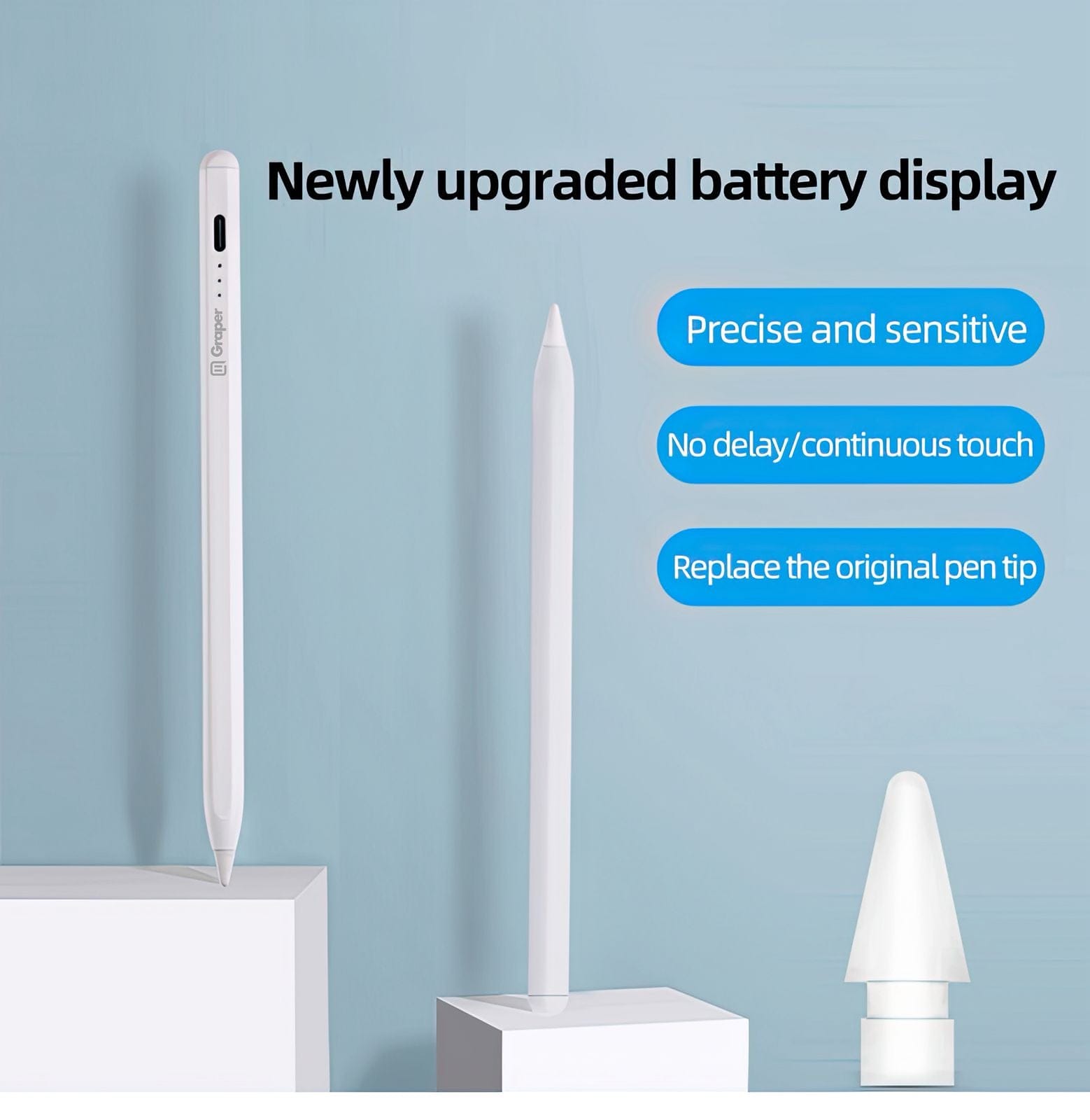 ktusu Graper Smartpen Active Stylus Pen for iPad After 2018, Aluminium Metal Body, with Extra Nib White