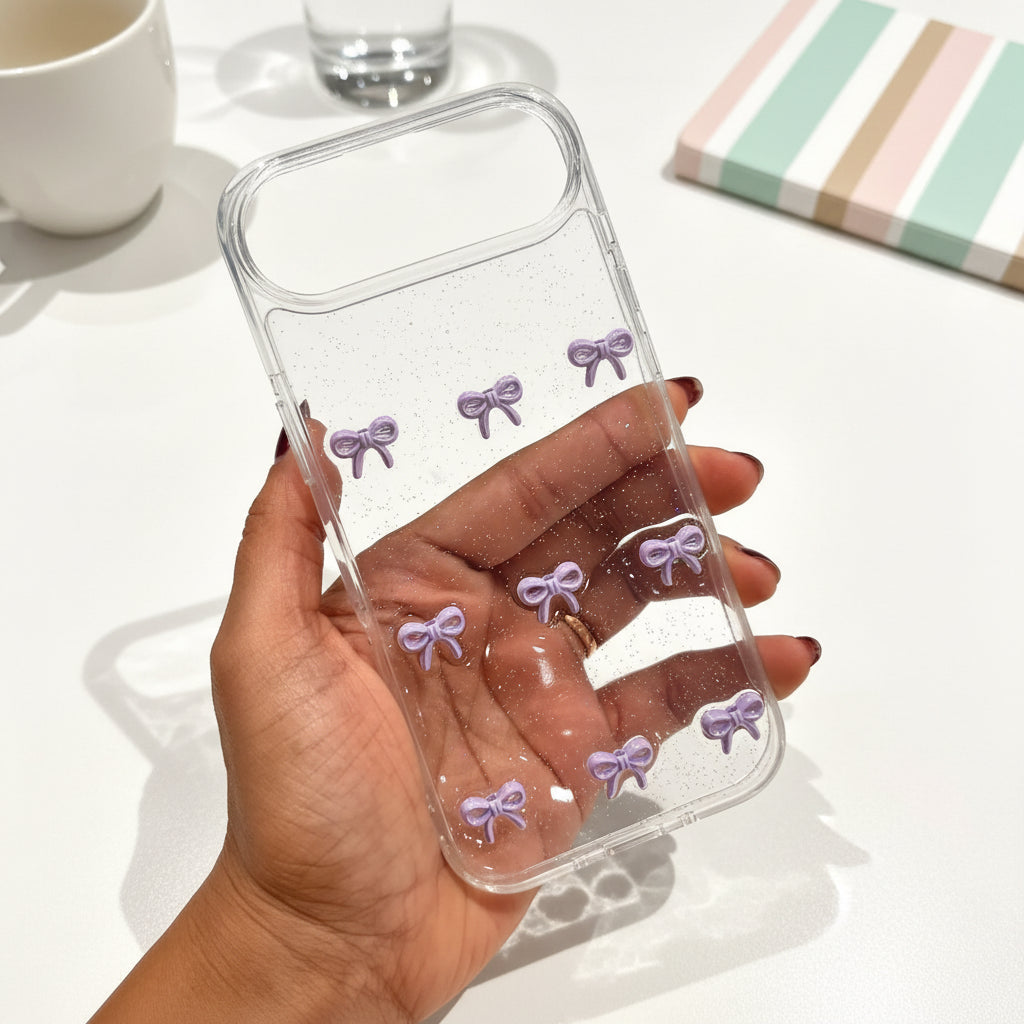 Clear phone case with purple bow designs held by a hand, with a store shelf in the background.