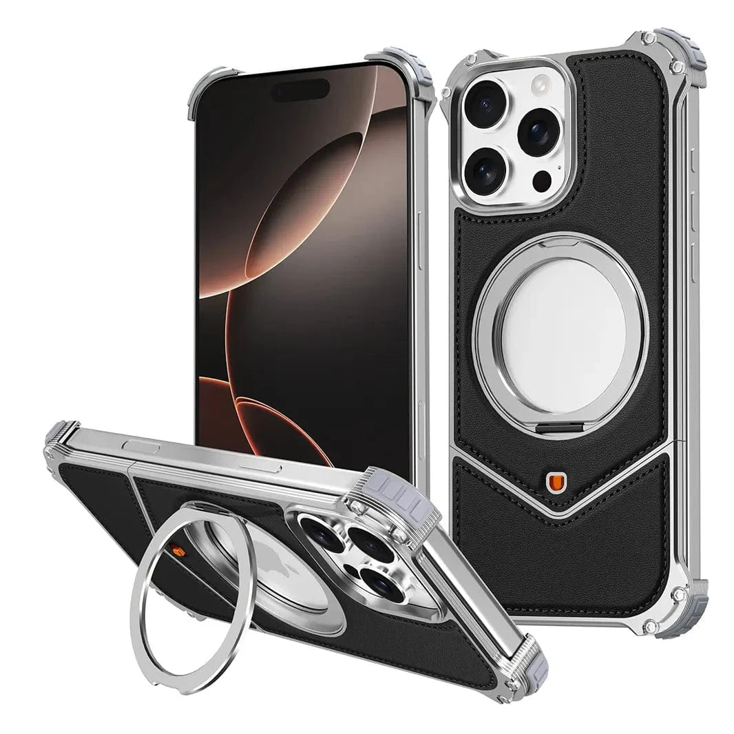 Aluminum Alloy Leather Magnetic 360° Metal Ring Stand Frameless Back Panel for iPhone 16 Pro Max