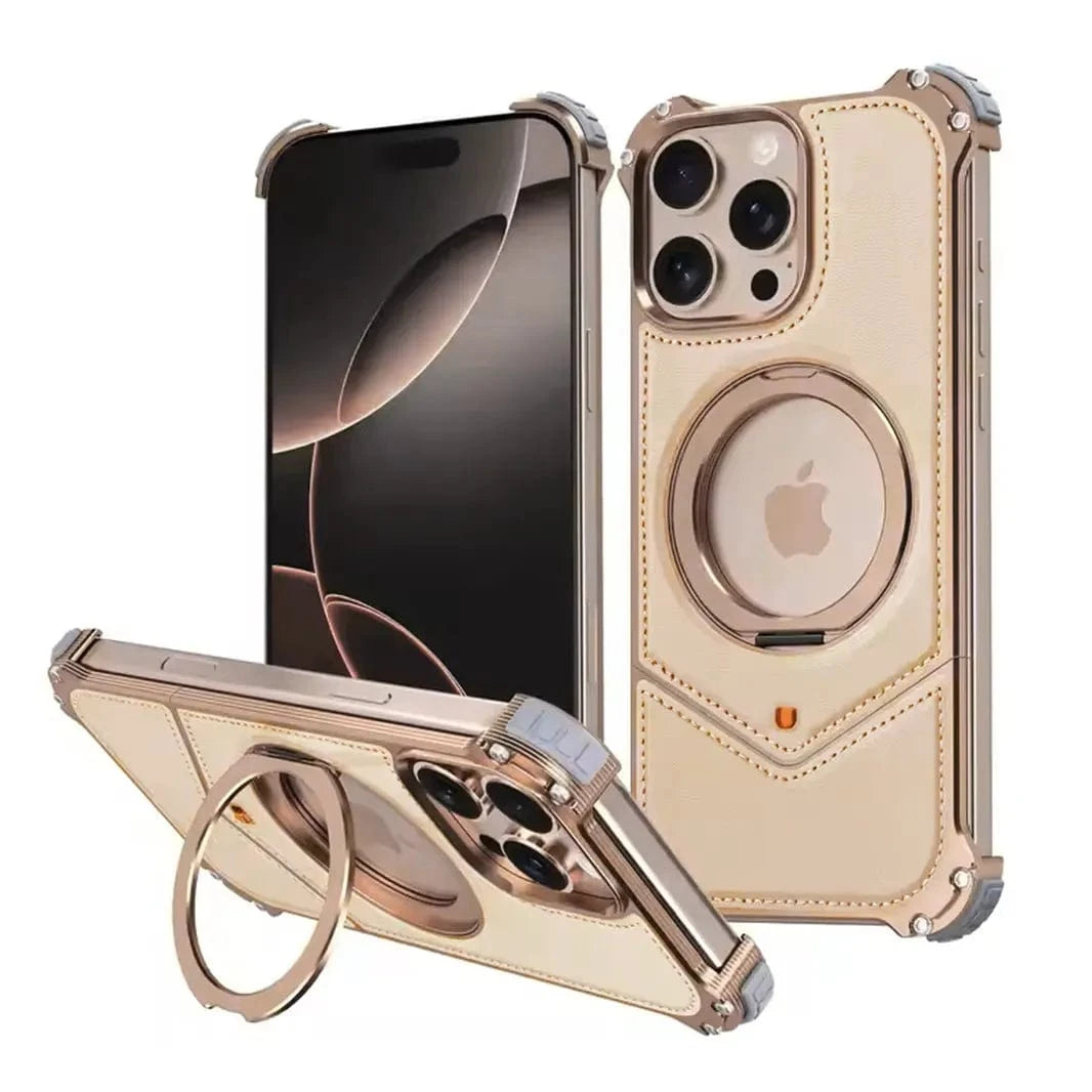 Aluminum Alloy Leather Magnetic 360° Metal Ring Stand Frameless Back Panel for iPhone 16 Pro Max