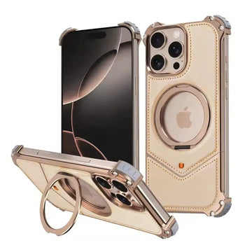 Aluminum Alloy Leather Magnetic 360° Metal Ring Stand Frameless Back Panel for iPhone 16 Pro Max