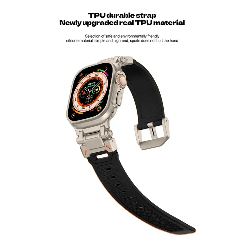 Straps & Bands for 42mm | 44mm | 45mm | Ultra 49mm / Black Armor Designed Silicone Band with Titanium Connectors for Apple Watch