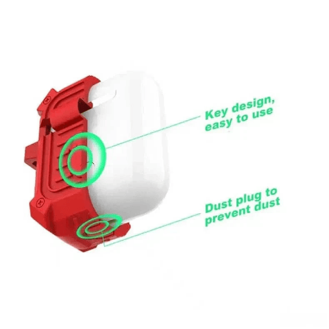 Red dust protective airpods case with keychain display on a white background