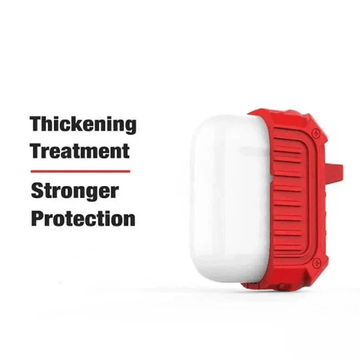 Red dust protective airpods case with keychain display on a white background with text 'Thickening Treatment Stronger Protection' on a white background