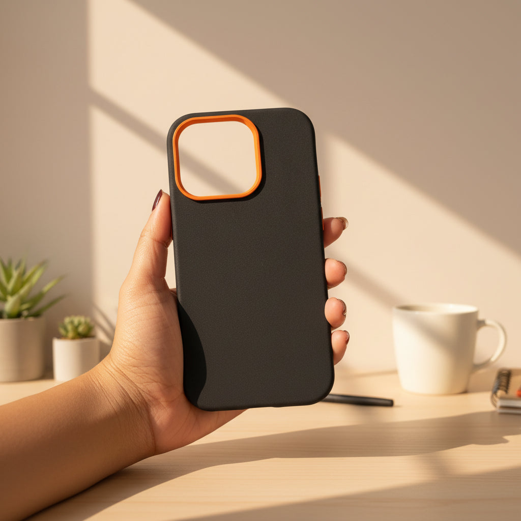 Black phone case with orange accent held in a hand against a blurred indoor background