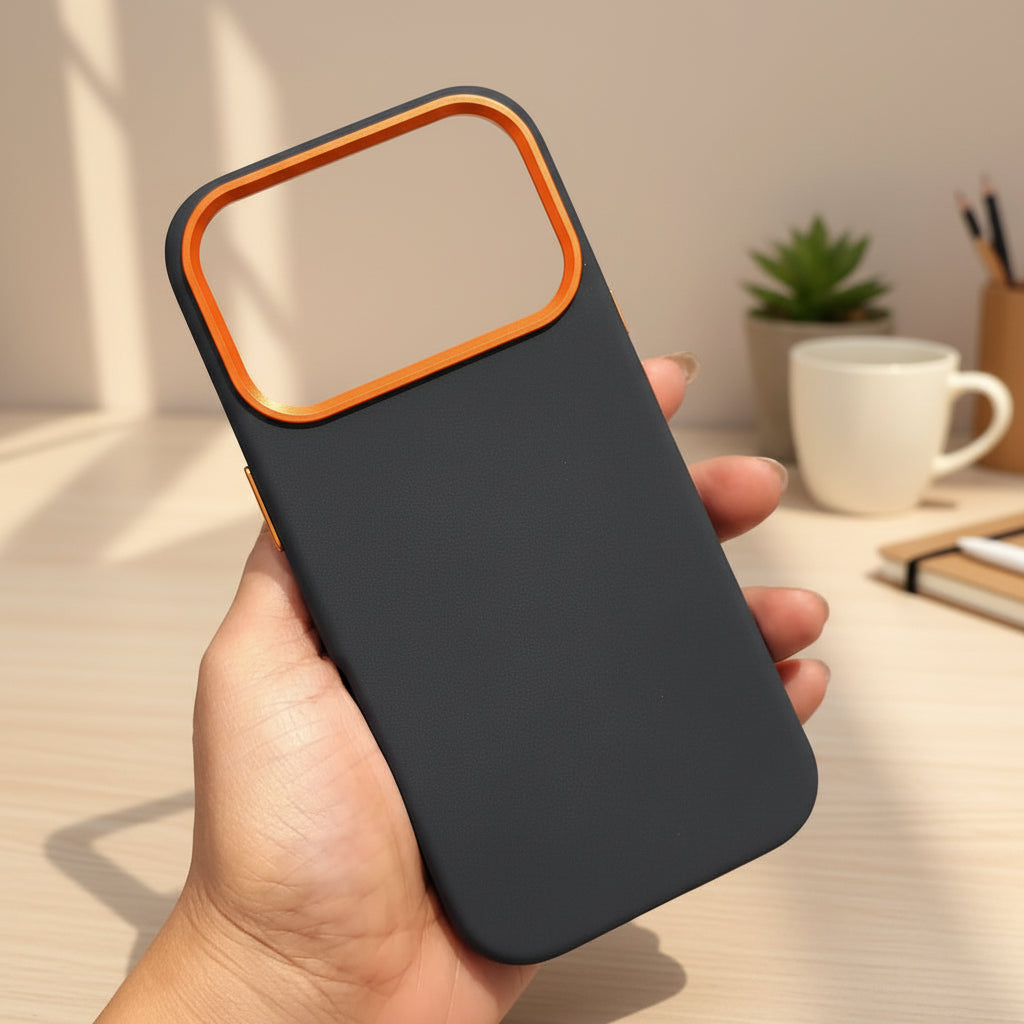 Black phone case with orange border held in a hand against a blurred background