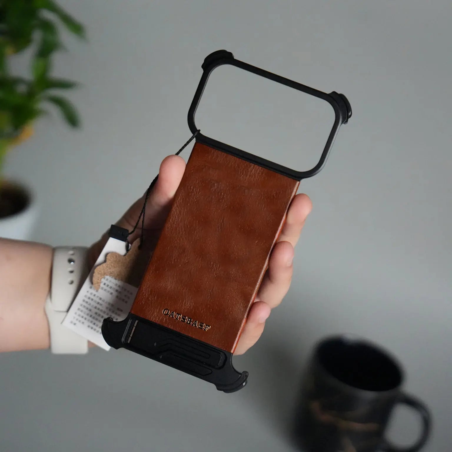 OATSBASF Magnetic Leather Metal Hidden Kickstand Frameless Magsafe Case for iPhone 17 Pro