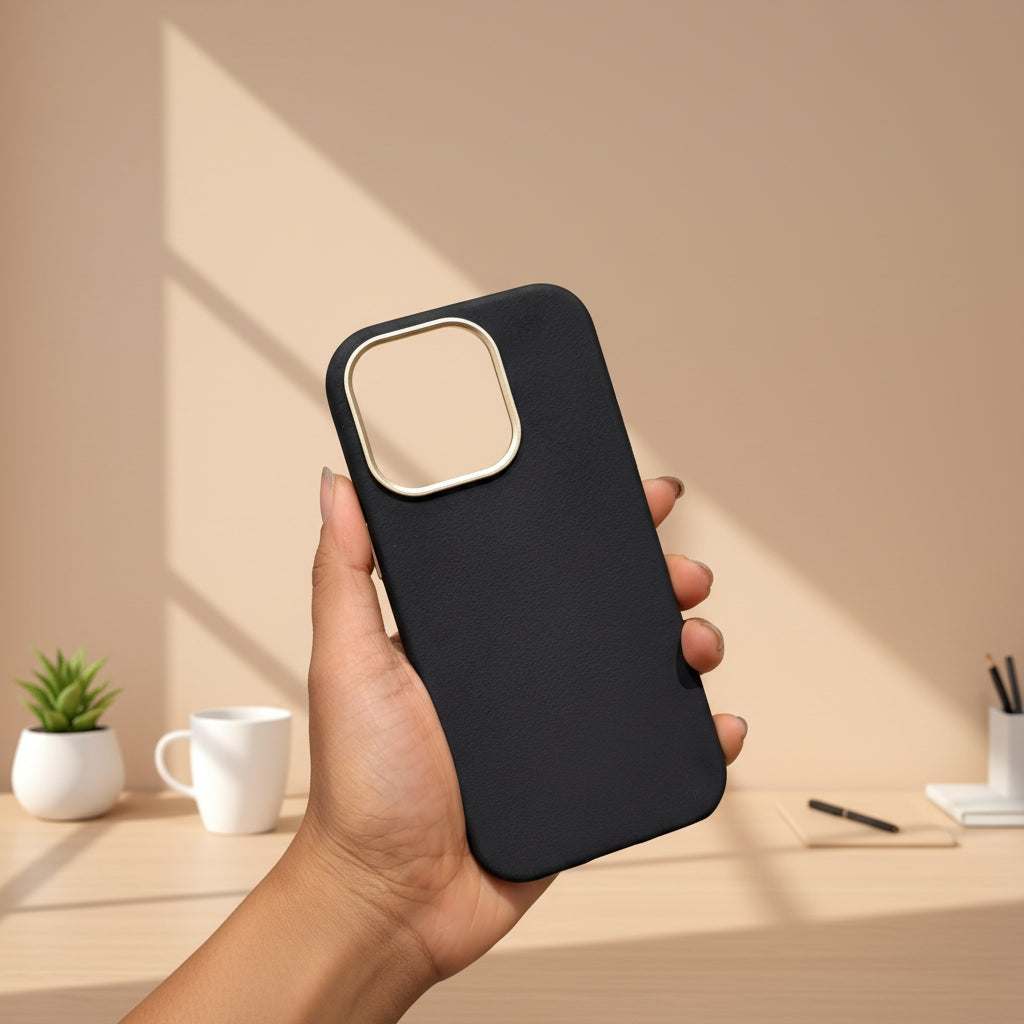 Black phone case with a reflective surface held in a hand, with a blurred store background.