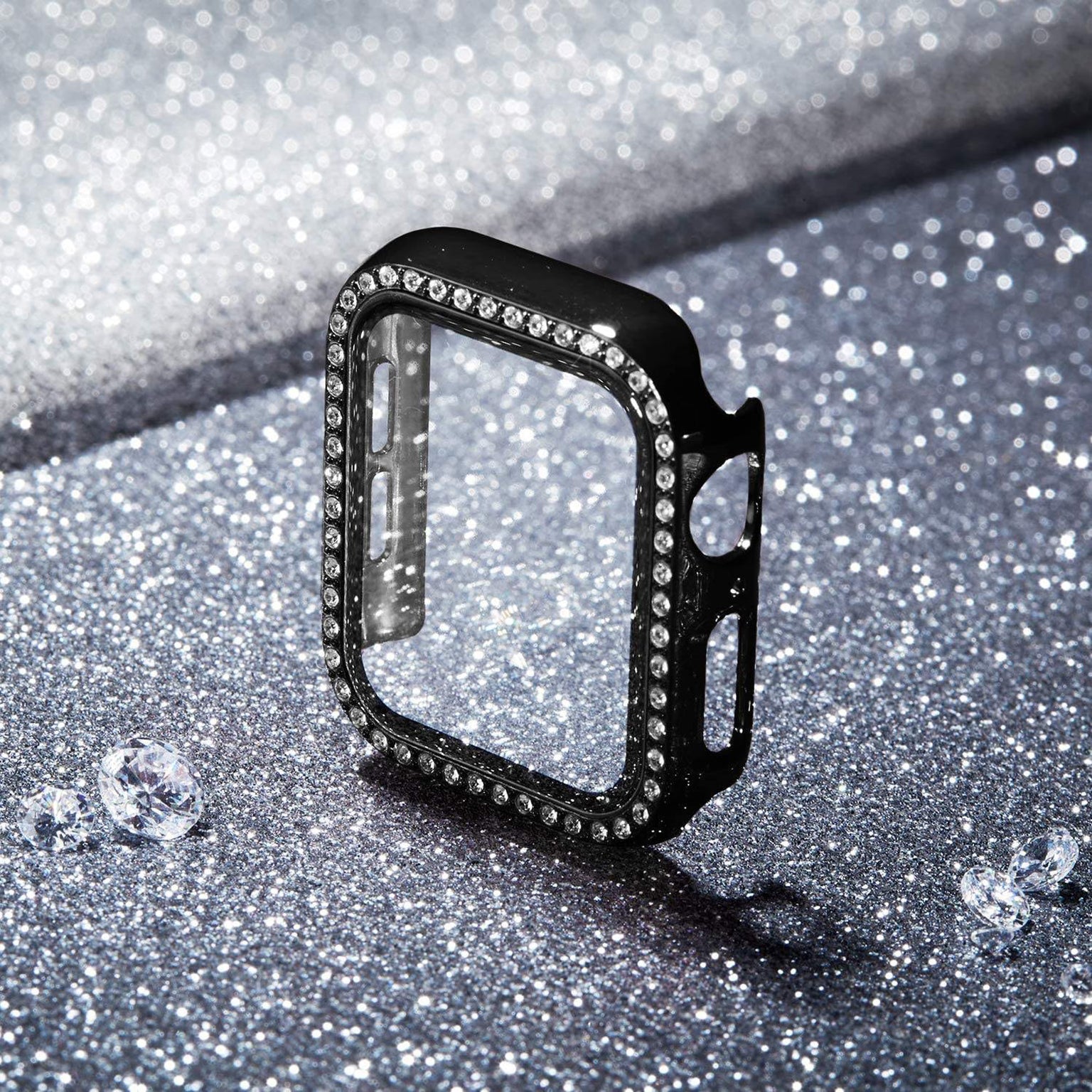 Single Rhinestone Frame Hard Pc Built-In Glass Cover for Apple Watch 44mm