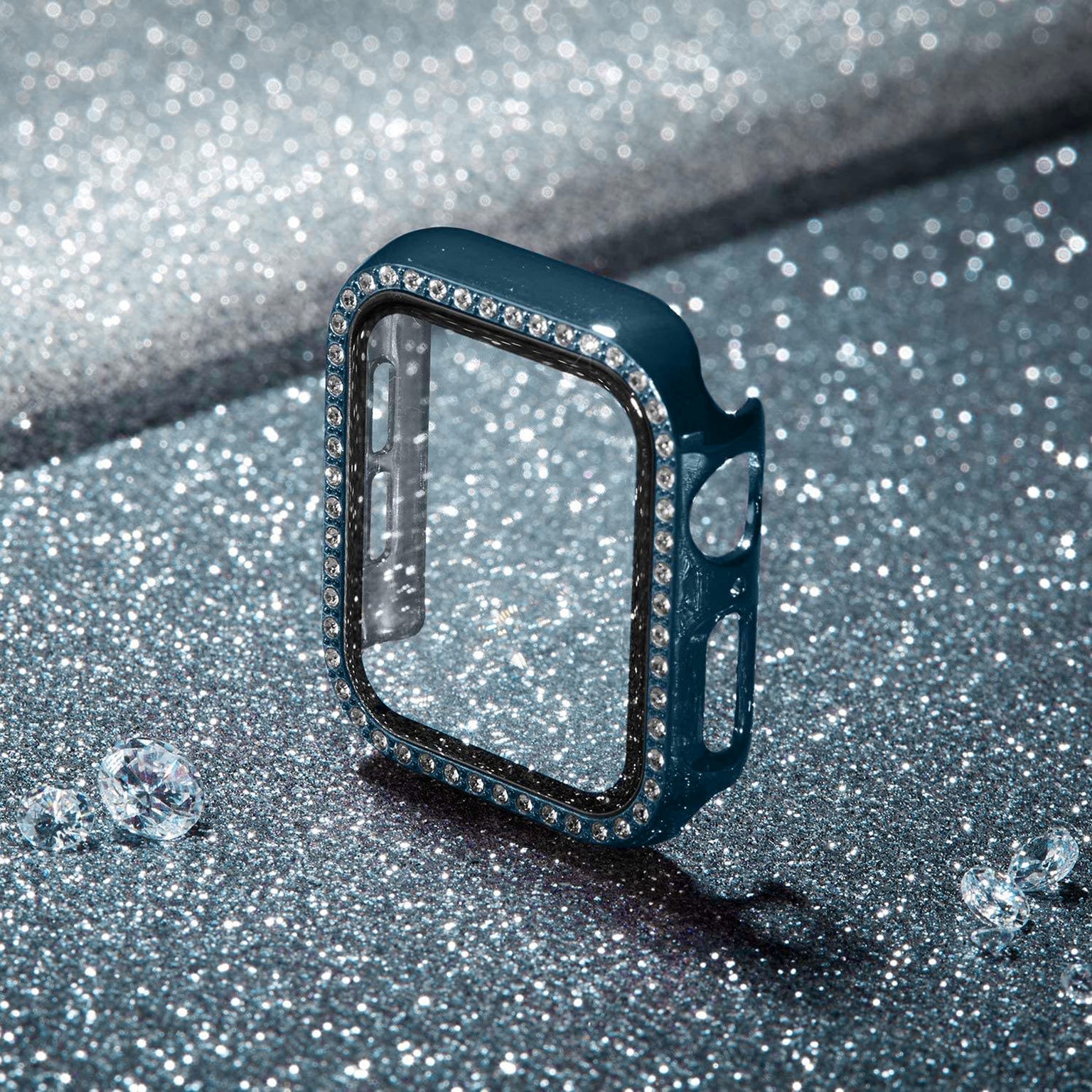 Single Rhinestone Frame Hard Pc Built-In Glass Cover for Apple Watch 45mm