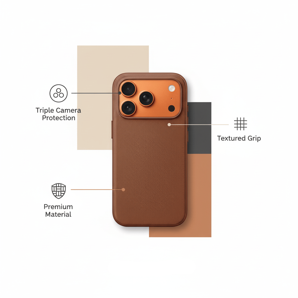 Brown phone case with features labeled on a white background