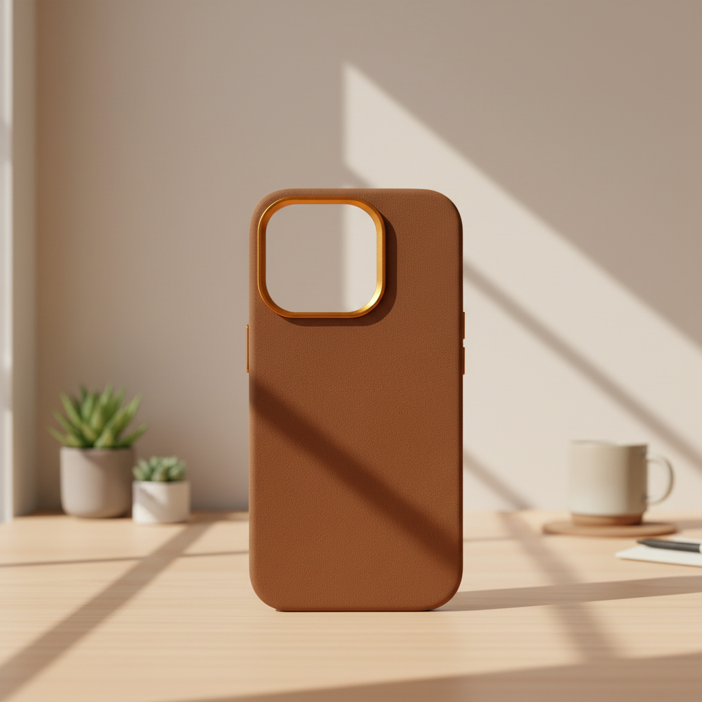 Brown phone case on a desk with a neutral background