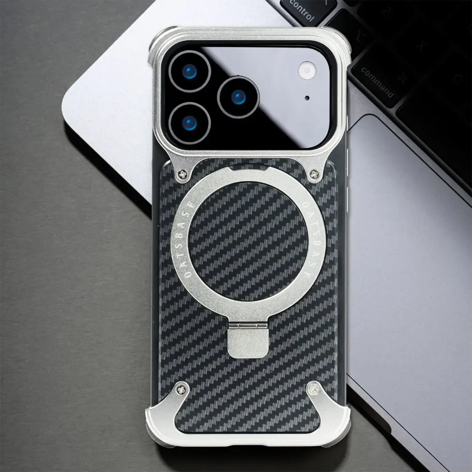 OATSBASF Carbon Fiber Metal Kickstand Frameless Magsafe Case for iPhone 17 Pro