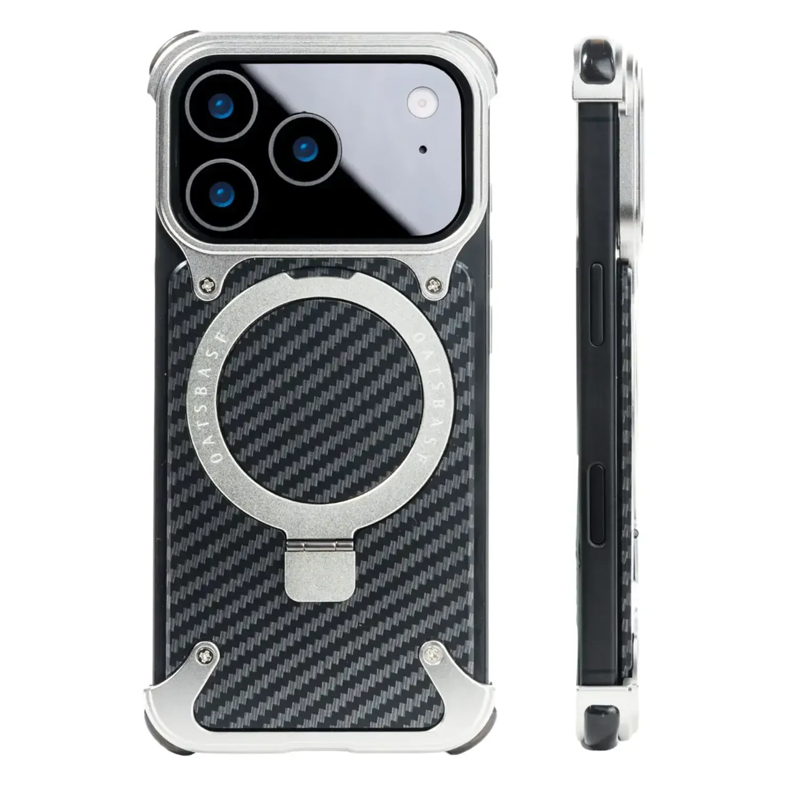 OATSBASF Carbon Fiber Metal Kickstand Frameless Magsafe Case for iPhone 17 Pro