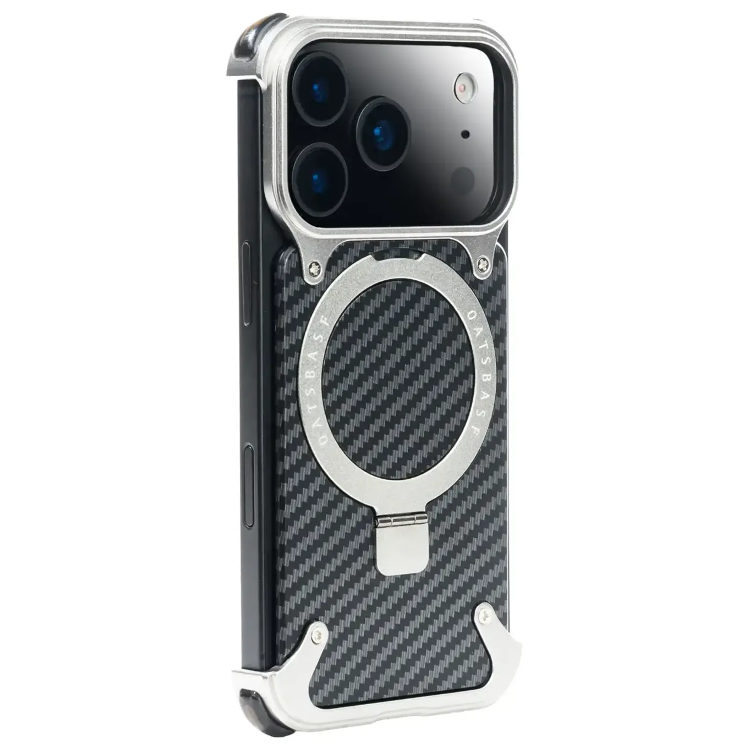 OATSBASF Carbon Fiber Metal Kickstand Frameless Magsafe Case for iPhone 17 Pro
