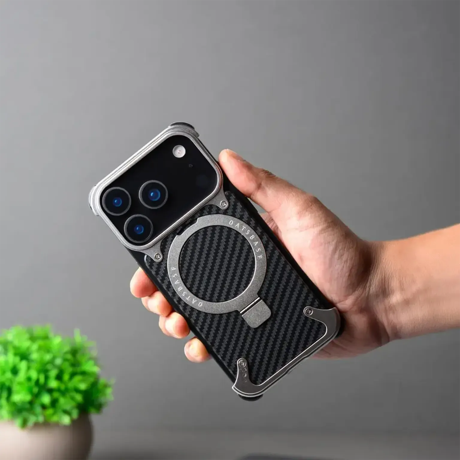 OATSBASF Carbon Fiber Metal Kickstand Frameless Magsafe Case for iPhone 17 Pro