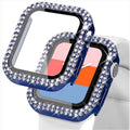 Dual Rhinestone Frame Hard PC Built-in Glass Screen Protector Watch Case for iWatch 41mm / Blue / Clear - Ktusu