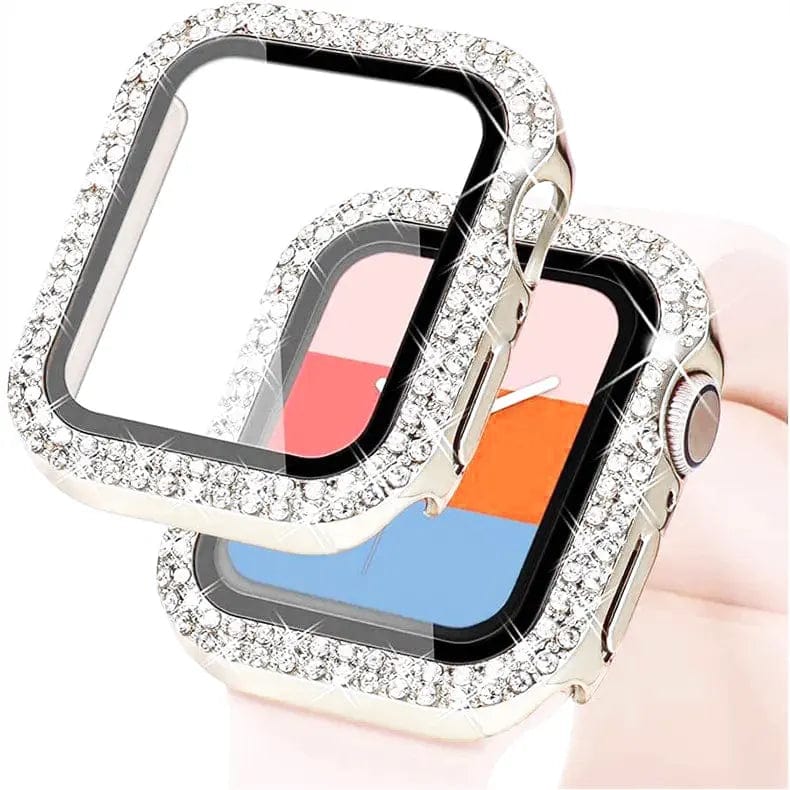 Dual Rhinestone Frame Hard PC Built-in Glass Screen Protector Watch Case for iWatch 41mm / Silver / Clear - Ktusu