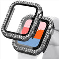 Dual Rhinestone Frame Hard PC Built-in Glass Screen Protector Watch Case for iWatch 44mm / Black / Clear - Ktusu