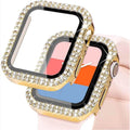 Dual Rhinestone Frame Hard PC Built-in Glass Screen Protector Watch Case for iWatch 44mm / Gold / Clear - Ktusu