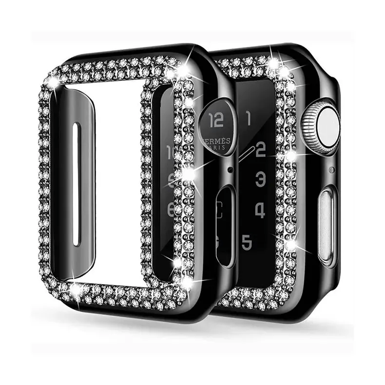 Dual Rhinestone Frame Hard Slim 360 Degree Body Bumper for iWatch 45mm / Black - Ktusu