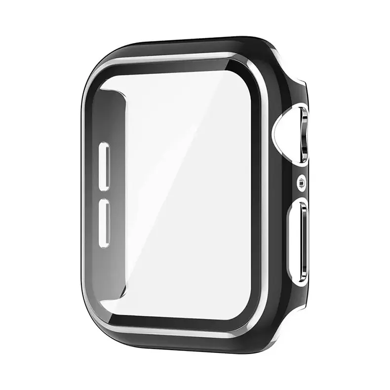 Glossy Chrome Hard PC Built-in Glass Screen Protector Watch Case for iWatch 45mm / Black Silver - Ktusu