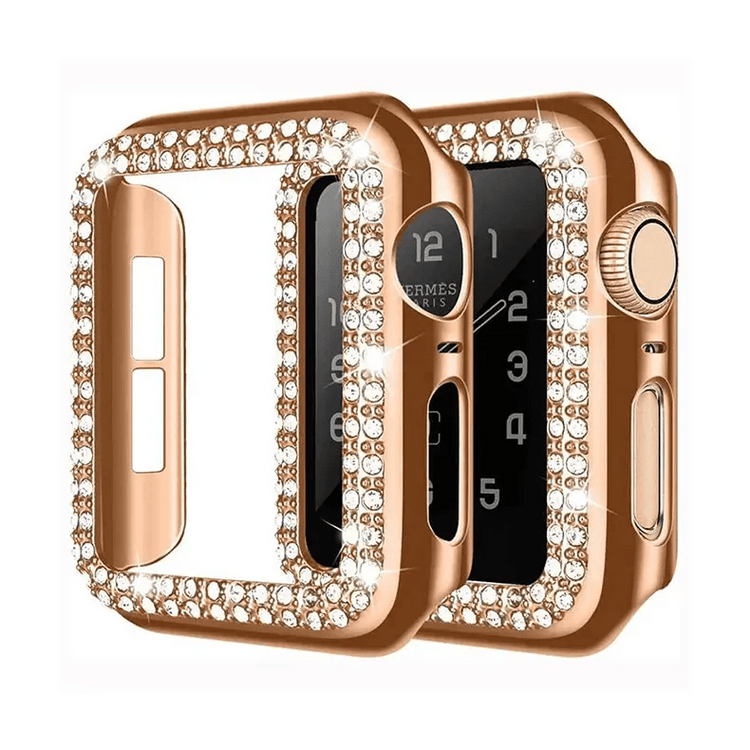 Dual Rhinestone Frame Hard Slim 360 Degree Body Bumper for iWatch 45mm / Bronze Gold - Ktusu