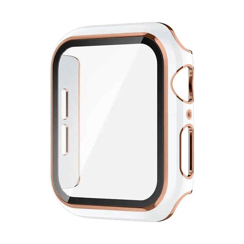 Glossy Chrome Hard PC Built-in Glass Screen Protector Watch Case for iWatch 45mm / White Bronze Gold - Ktusu